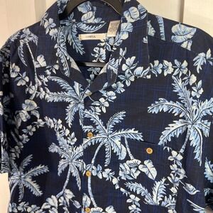 Moda Campia Moda Mens Blue Palm Tree Tropical Hawaiian SS Button Up Shirt L